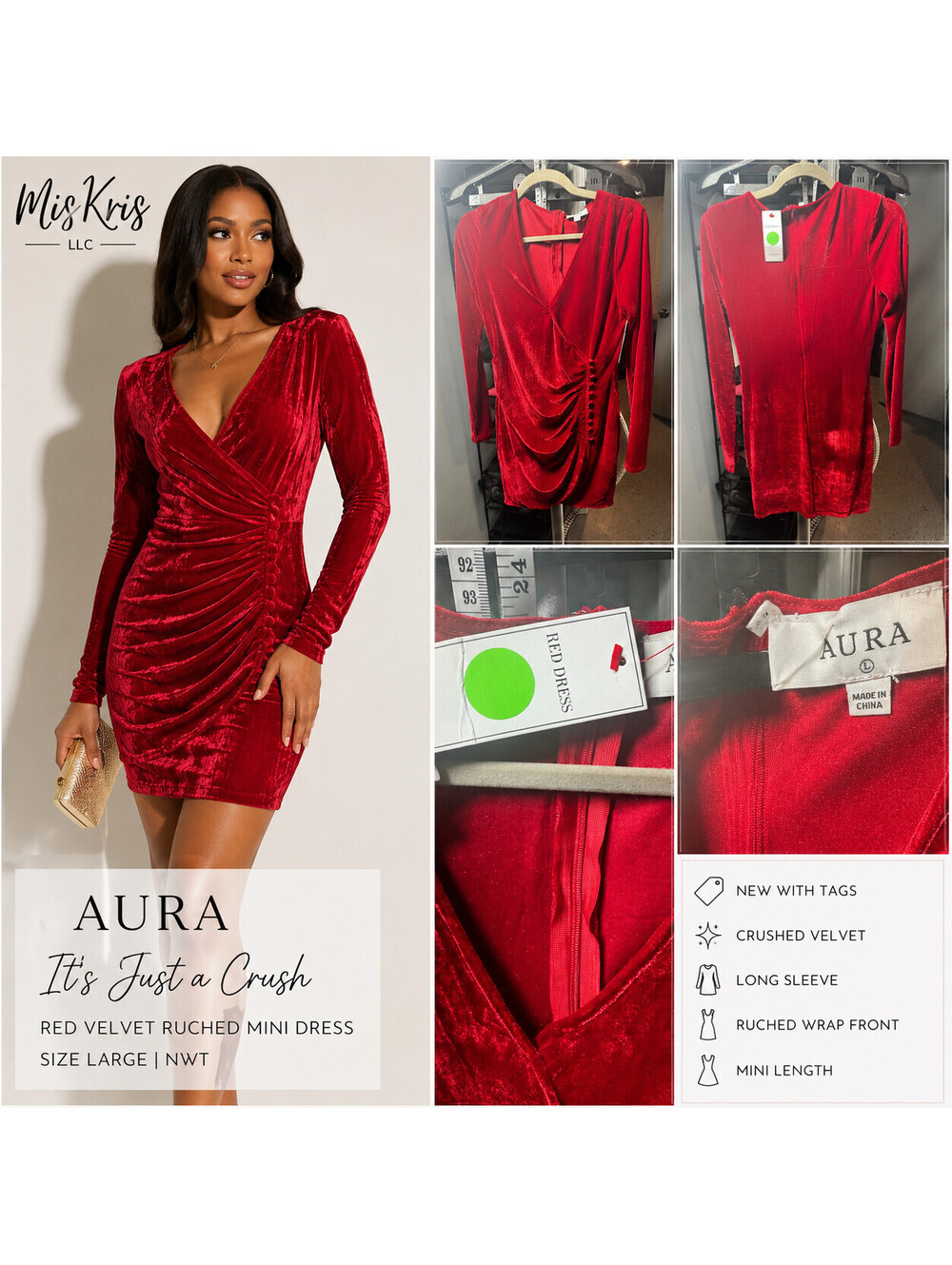 AURA It’s Just a Crush Red Velvet Ruched Wrap Mini Dress Long Sleeve L NWT